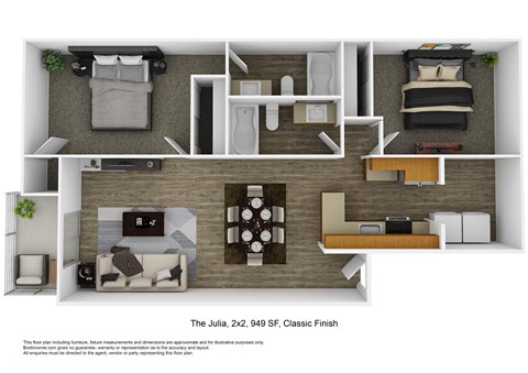 Floor plan for 2 beds, 2 baths, 949 sqft